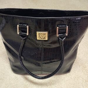 Anne Klein Large Black Faux Alligator Print Patent Leather Handbag